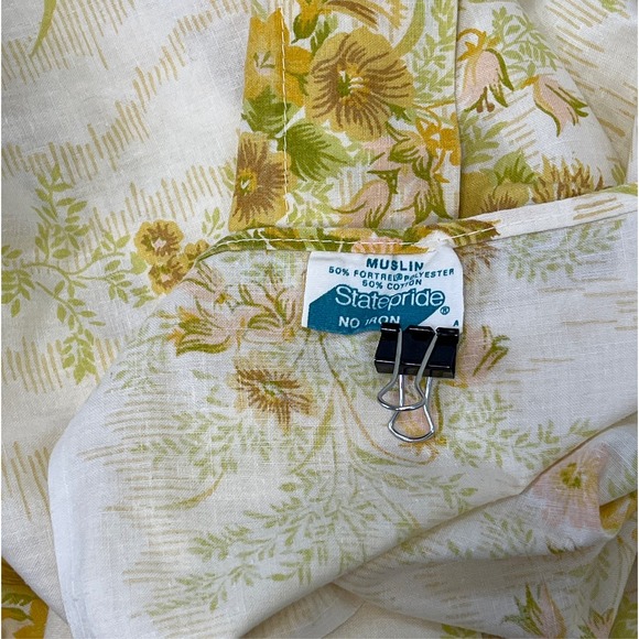 Vtg 70s Full Sheets Flat Fitted 2 Piece Set Green Gold Floral Bouquet Cottage - Picture 6 of 8